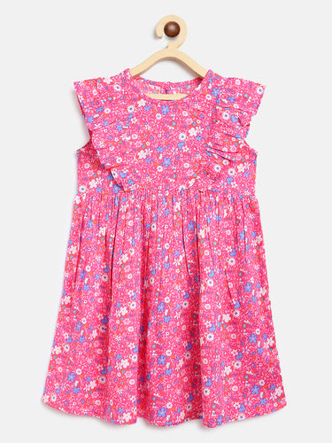 Campana Girls Janet Frilly Dress - Cosmos Flower Print - Pink & Blue