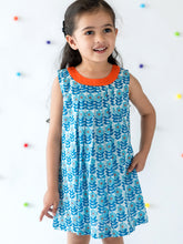 Load image into Gallery viewer, Campana Girls Debbie Shift Dress - Flower Power Print - Blue &amp; White, Summer Dress, Blue Dress, Print Dress, frock
