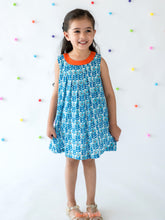 Load image into Gallery viewer, Campana Girls Debbie Shift Dress - Flower Power Print - Blue &amp; White, Summer Dress, Blue Dress, Print Dress, frock
