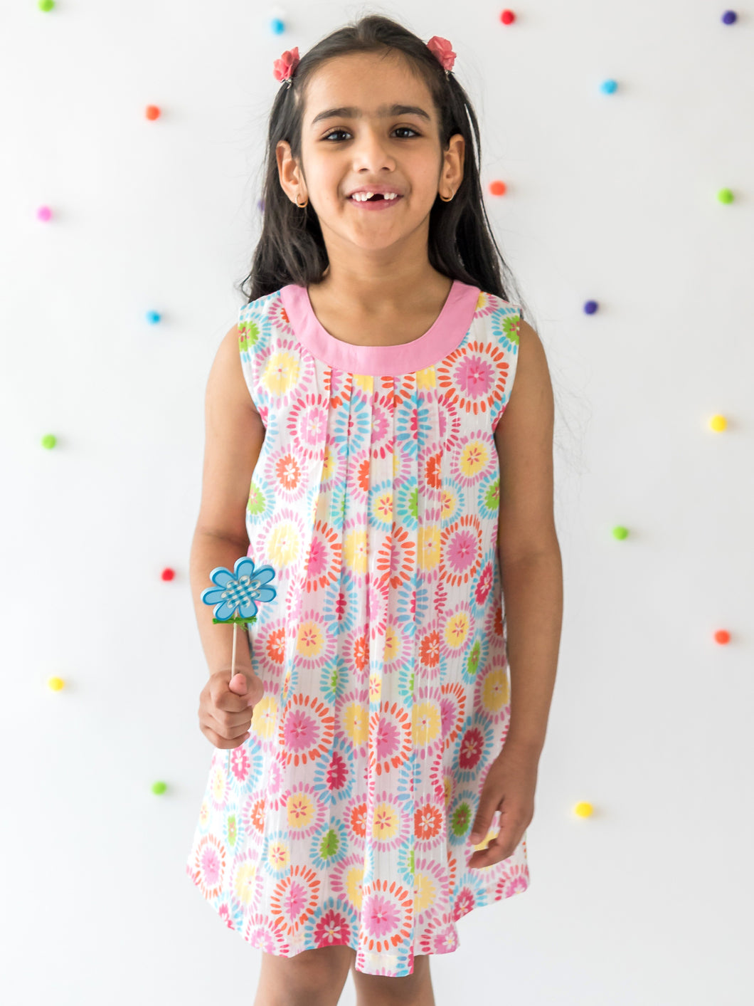 Campana Girls Debbie Shift Dress - Geometric Flower Print - Multicolour, Summer Dress, Pink Dress, Print Dress 