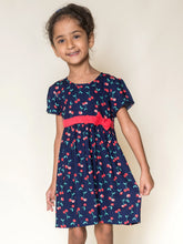 Load image into Gallery viewer, Campana Girls Cherry Print Fit &amp; Flare Dress - Navy &amp; Red
