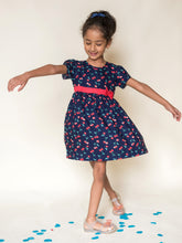 Load image into Gallery viewer, Campana Girls Cherry Print Fit &amp; Flare Dress - Navy &amp; Red
