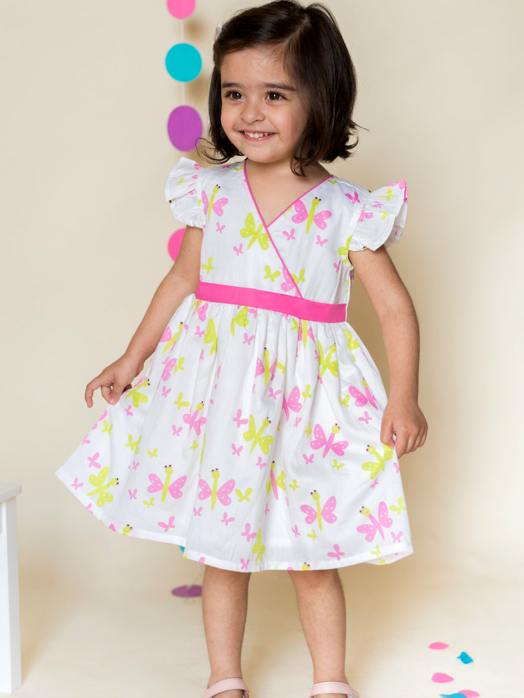 Campana Girls Butterfly Print Crossover Dress - White, Pink Dress, Frock, Butterfly Print Dress, White Dress, Summer Dress