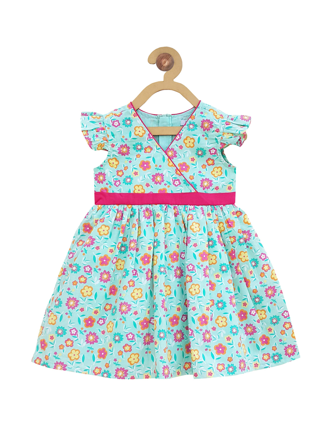 Campana Girls Floral Print Crossover Dress - Sea Green (CK30603), Blue Dress, Pink Print Dress, Print Dress, Summer Dress, Frock
