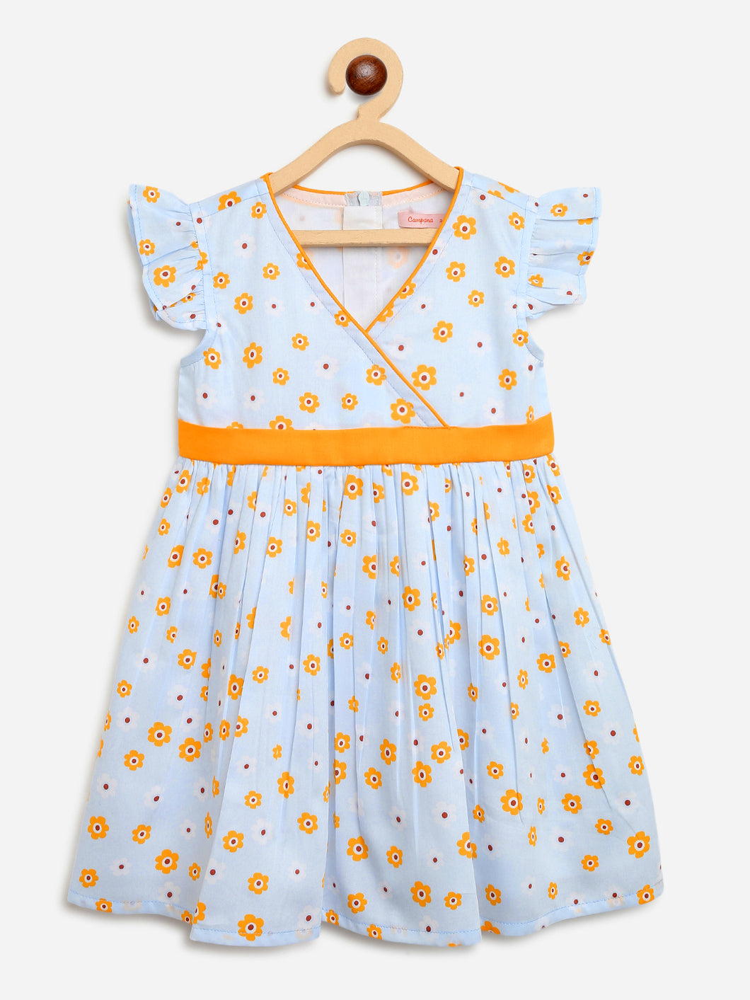 Campana Girls Ruby Crossover Dress - Summer Field Print - Sky Blue & Yellow