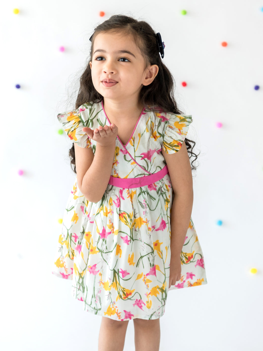 Campana Girls Ruby Crossover Dress - Watercolour Flower Print - White & Multicolour