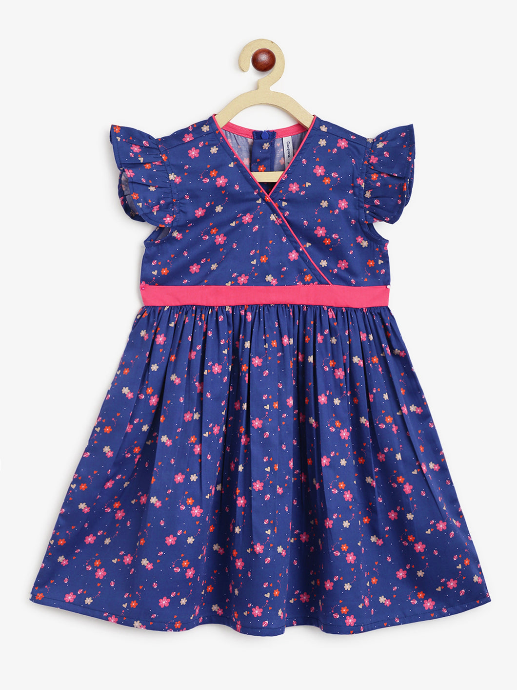 Campana Girls Ruby Crossover Style Dress - Baby Flower Print - Navy & Pink