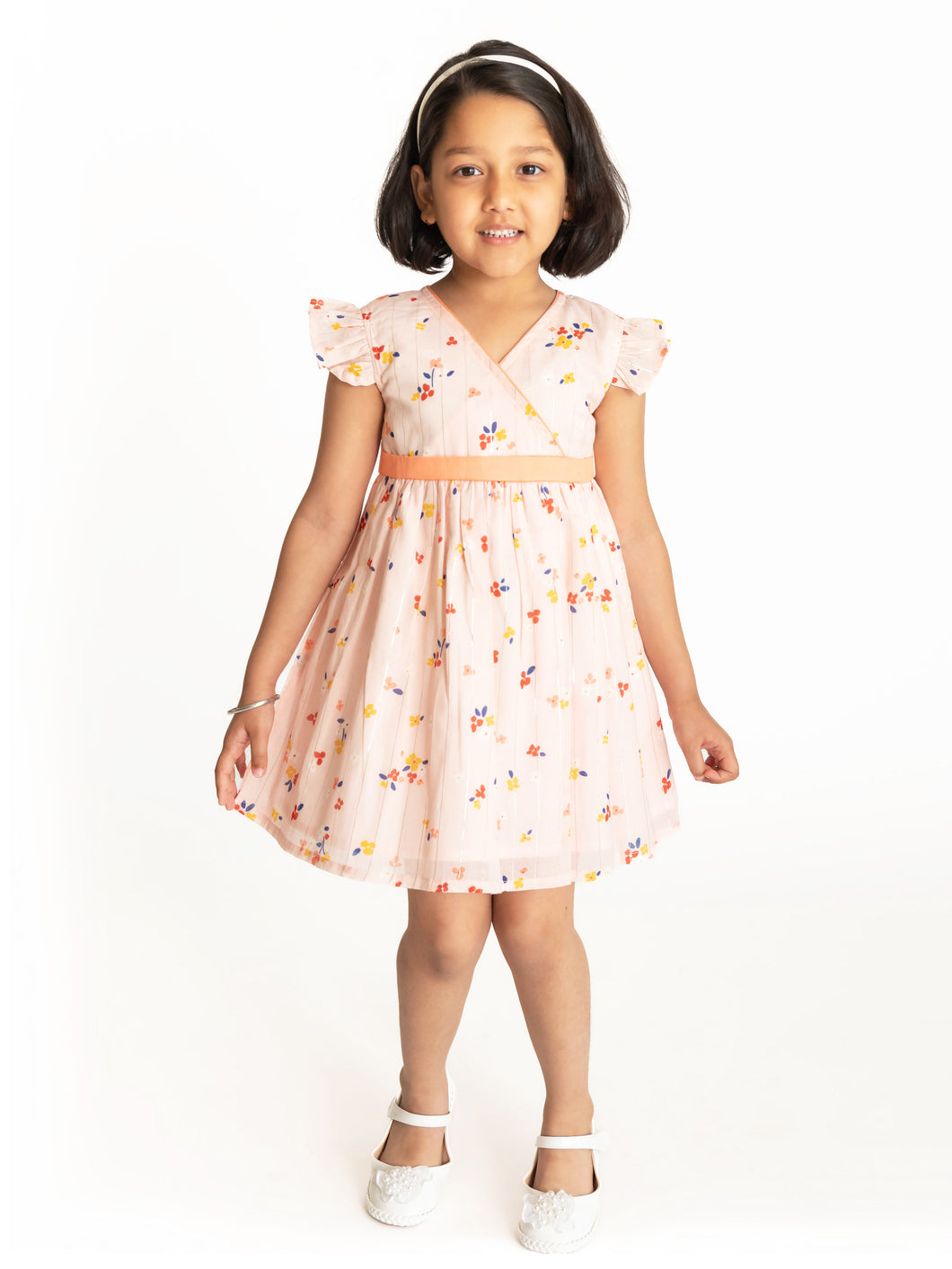Campana Girls Ruby Crossover Dress - Flower Scatter Print - Baby Pink