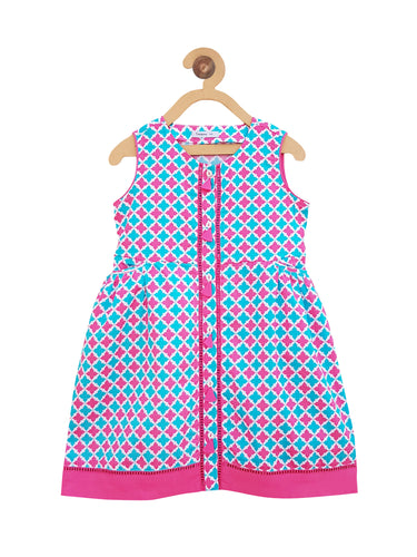 Campana Girls Geometric Print Button Down Dress - Pink & Blue (CK30801)