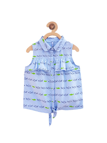 Campana Girls Printed Front Knot Top - Sky Blue (CK30905)