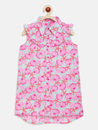 Campana Girls Nicole Shirt Style Tunic Dress - Sea Life Print - Pink & Blue