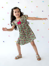 Load image into Gallery viewer, Campana Girls Suzy Dress with Bow - Cherry Bunch Print - Grey &amp; Red
