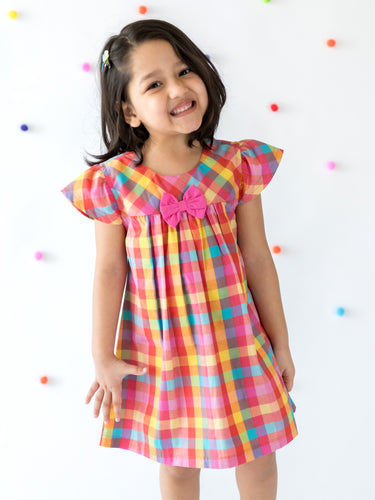 Campana Girls Suzy Dress with Bow - Rainbow Check Print - Multicolour