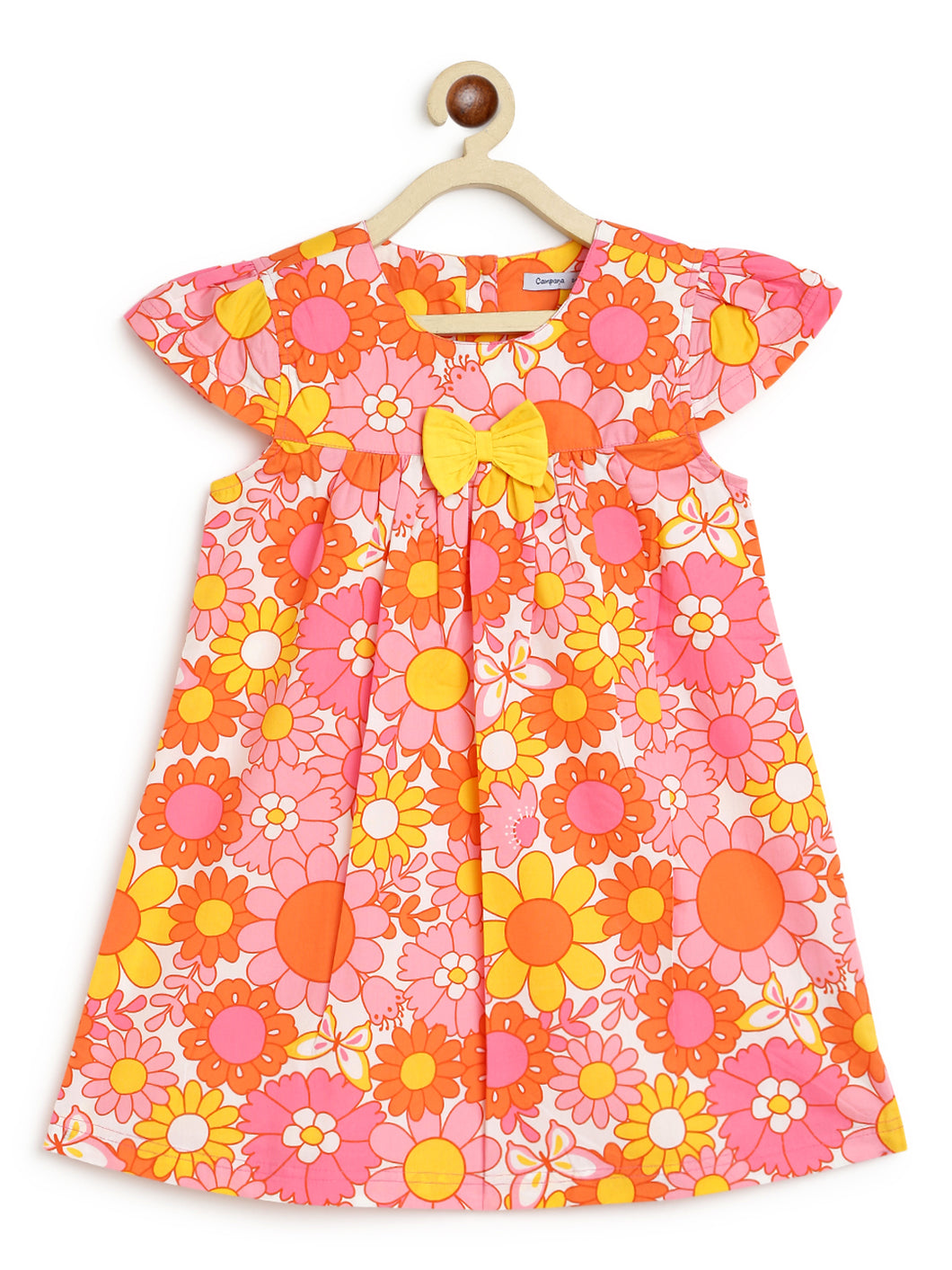 Campana Girls Suzy Dress with Bow - Retro Flower Print - Pink & Yellow