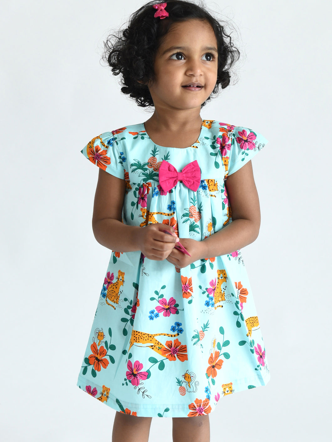 Campana Girls Suzy Dress with Bow - Prowling Tiger Print - Sky Blue & Multicolour