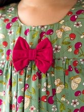 Load image into Gallery viewer, Campana Girls Suzy Dress with Bow - Cherry Bunch Print - Grey &amp; Red
