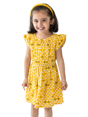 Campana Girls Astrid Raglan Sleeve Dress - Triangle Print - Mustard, Yellow Dress, Frock, Summer Dress, Dress