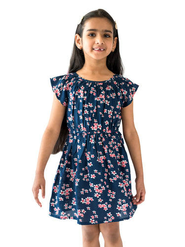 Campana Girls Astrid Raglan Sleeve Dress - Flower Cluster Print - Navy & Pink, Navy Dress, Frock, Printed Dress, Summer Dress, Floral Dress