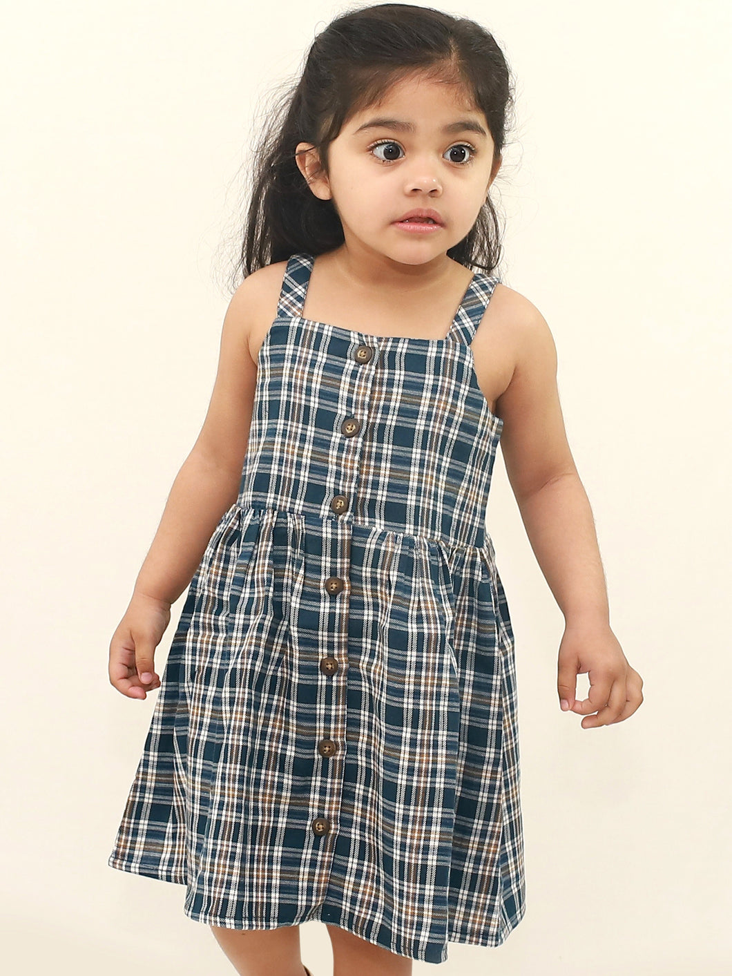 Campana Girls Lisa Bohemian Dress - Plaid Pattern - Navy & White