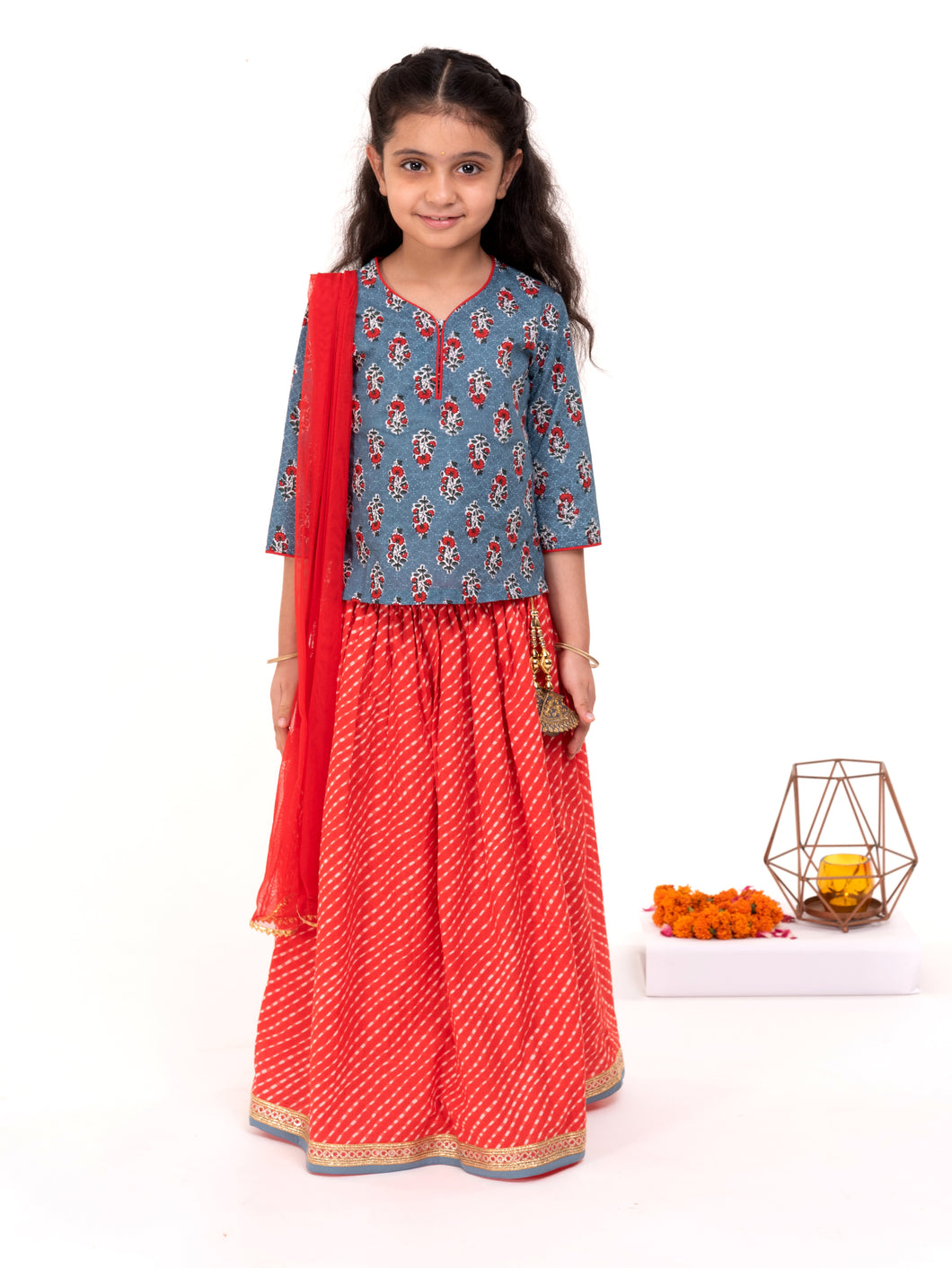 Campana Girls Koel Lehenga Set - Floral Block Print - Grey and Red