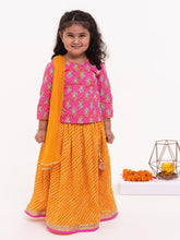 Load image into Gallery viewer, Campana Girls Koel Lehenga Set - Floral Block Print - Magenta and Mustard
