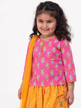 Load image into Gallery viewer, Campana Girls Koel Lehenga Set - Floral Block Print - Magenta and Mustard
