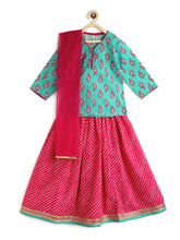 Load image into Gallery viewer, Campana Girls Koel Lehenga Set - Floral Block Print - Turquoise and Magenta
