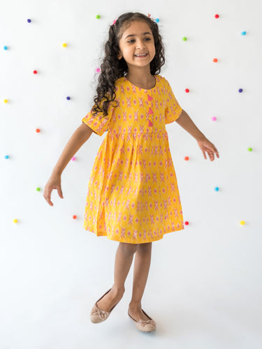 Campana Girls Zoe Dress with Tassels - Pastel Ikkat Print - Yellow & Pink