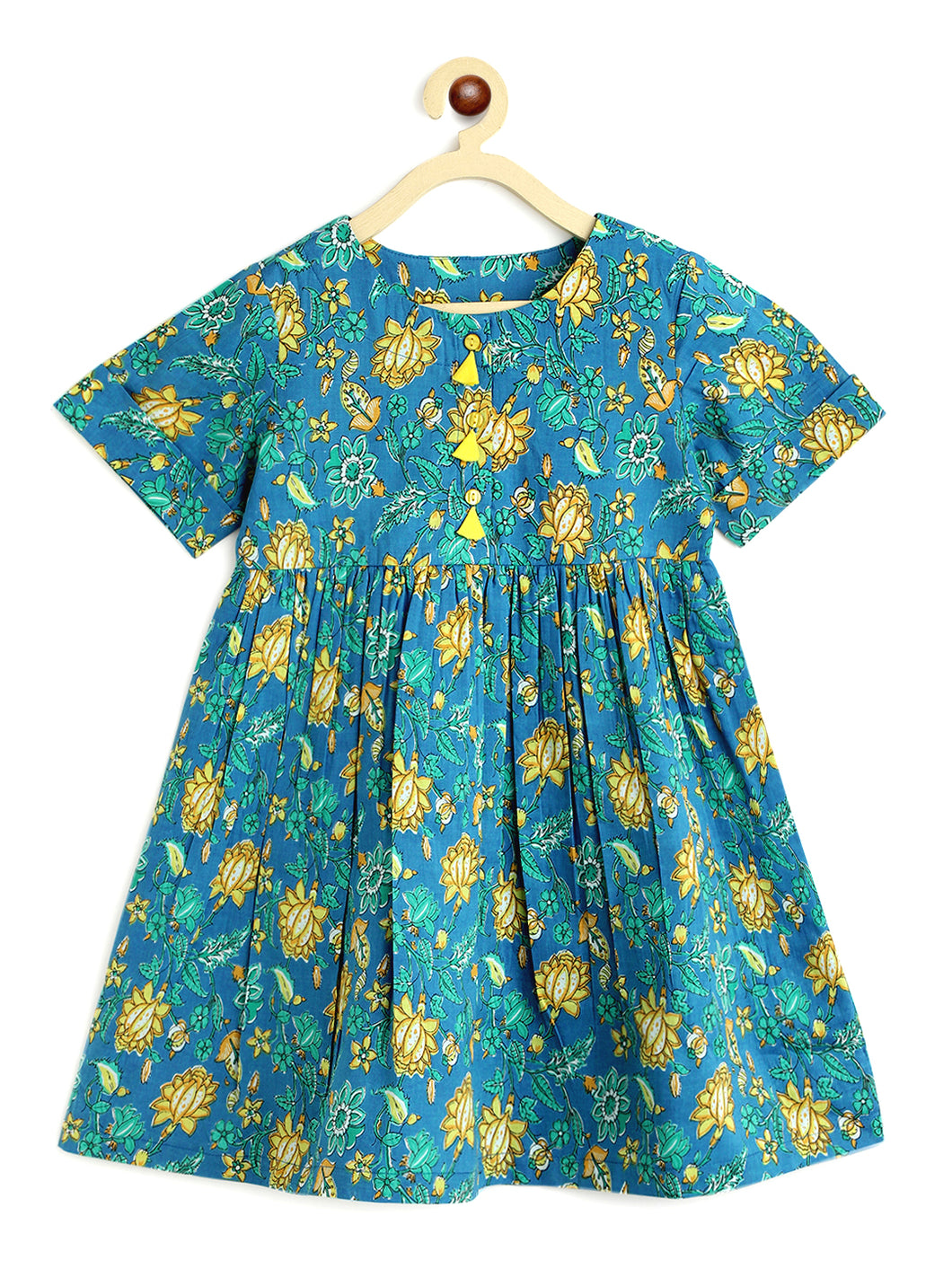 Campana Girls Zoe Dress - Floral Vine Print - Blue & Sea Green