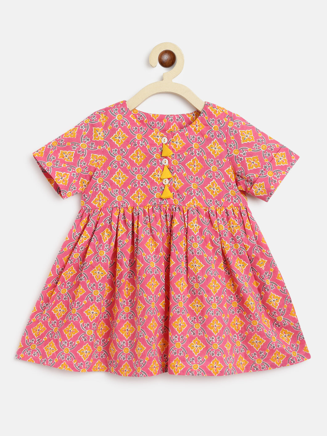 Campana Girls Zoe Dress - Small Jaal Print - Pink & Yellow