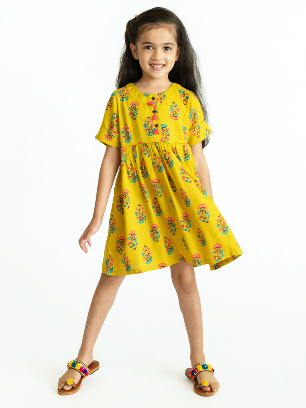 Campana Girls Zoe Dress - Floral Motif - Lime & Pink