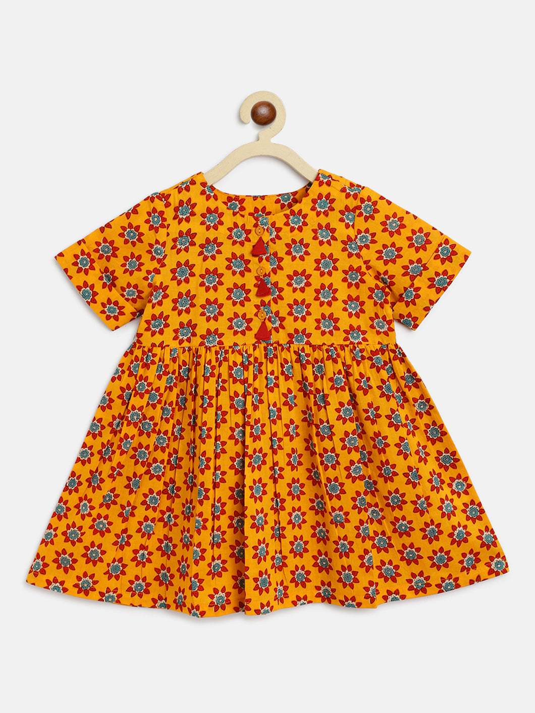 Campana Girls Zoe Dress - Flower Doodle Print - Mustard & Red