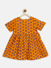 Load image into Gallery viewer, Campana Girls Zoe Dress - Flower Doodle Print - Mustard &amp; Red
