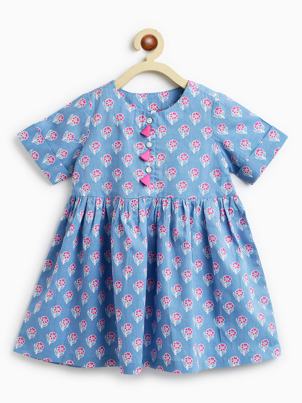 Campana Girls Zoe Dress - Small Flower Print - Grey & Pink