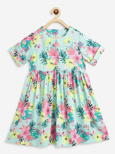 Load image into Gallery viewer, Campana Girls Zoe Dress - Happy Hibiscus Print - Sea Green &amp; Pink
