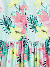 Load image into Gallery viewer, Campana Girls Zoe Dress - Happy Hibiscus Print - Sea Green &amp; Pink
