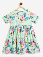 Load image into Gallery viewer, Campana Girls Zoe Dress - Happy Hibiscus Print - Sea Green &amp; Pink
