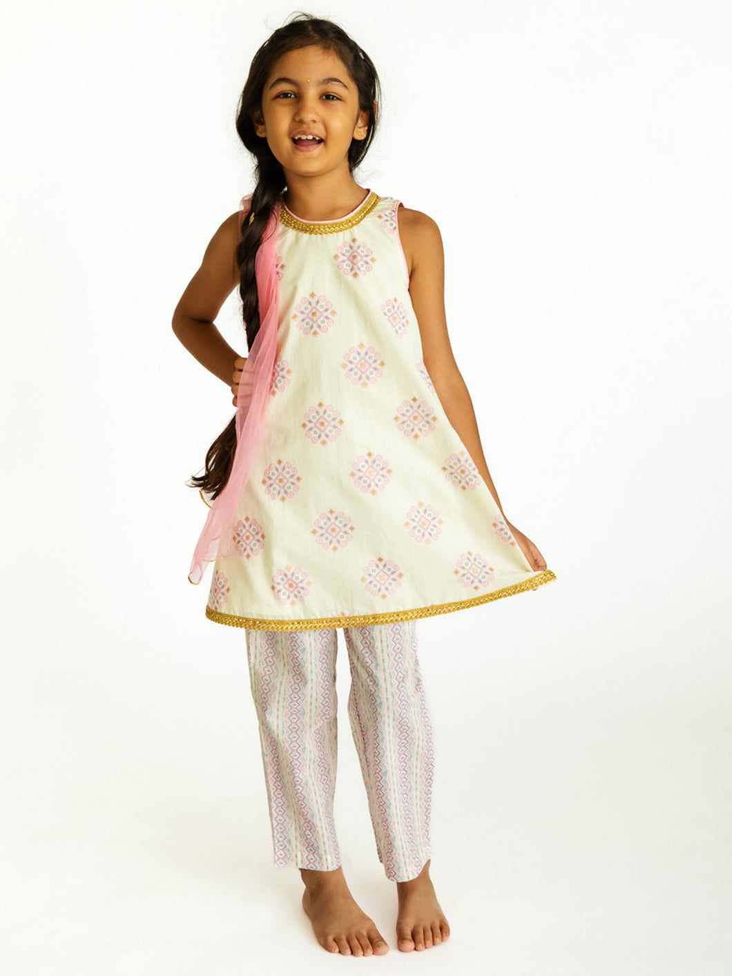 Campana Girls Chitra Kurta-Pants Set - Khari Print - White & Pink