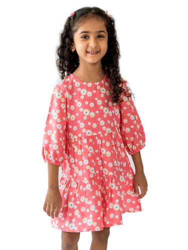 Campana Girls Calypso Tiered Dress -  Daisy Print - Peach & White, Pink Dress, White Print Dress, Frock, Summer Dress