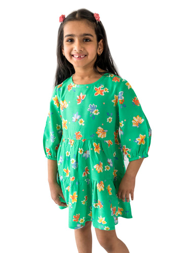 Campana Girls Calypso Tiered Dress -  Floral Bloom Print - Green & Multicolour, Green Dress, Flower Print Dress, Frock, Summer Dress