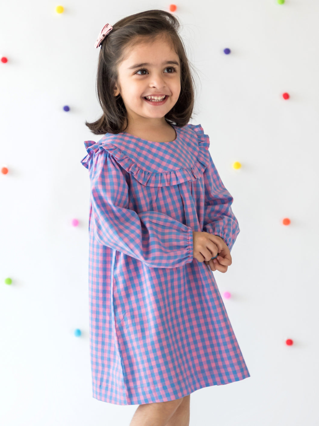 Campana Girls Gaby Long Sleeve Dress - Pastel Gingham Print - Pink & Blue, Pink Dress, Full Sleeves Dress, Summer Dress