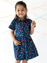 Load image into Gallery viewer, Campana Girls Emily Flared Dress with Pocket - Pineapple Fiesta Print - Navy &amp; Purple
