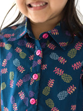 Load image into Gallery viewer, Campana Girls Emily Flared Dress with Pocket - Pineapple Fiesta Print - Navy &amp; Purple
