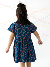 Load image into Gallery viewer, Campana Girls Emily Flared Dress with Pocket - Pineapple Fiesta Print - Navy &amp; Purple
