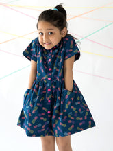 Load image into Gallery viewer, Campana Girls Emily Flared Dress with Pocket - Pineapple Fiesta Print - Navy &amp; Purple
