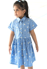 Load image into Gallery viewer, Campana Girls Emily Flared Dress with Pocket - Dandelion Print - Cornflower Blue
