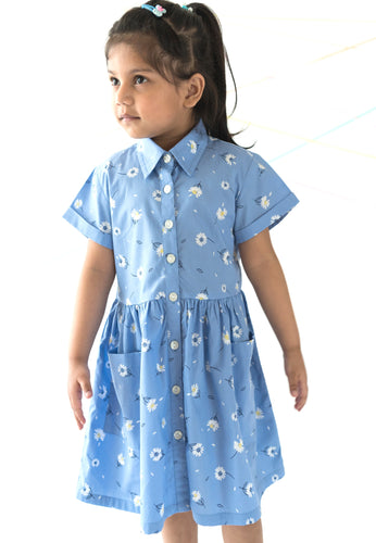 Campana Girls Emily Flared Dress with Pocket - Dandelion Print - Cornflower Blue