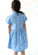 Load image into Gallery viewer, Campana Girls Emily Flared Dress with Pocket - Dandelion Print - Cornflower Blue
