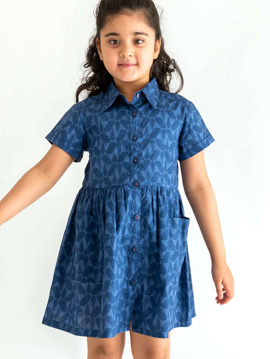 Campana Girls Emily Dress with Pockets - Abstract Print - Navy Blue