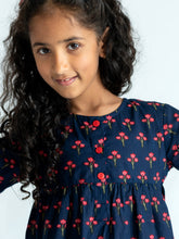 Load image into Gallery viewer, Campana Girls Lottie Flared Top - Scarlet Flower Print - Navy Blue
